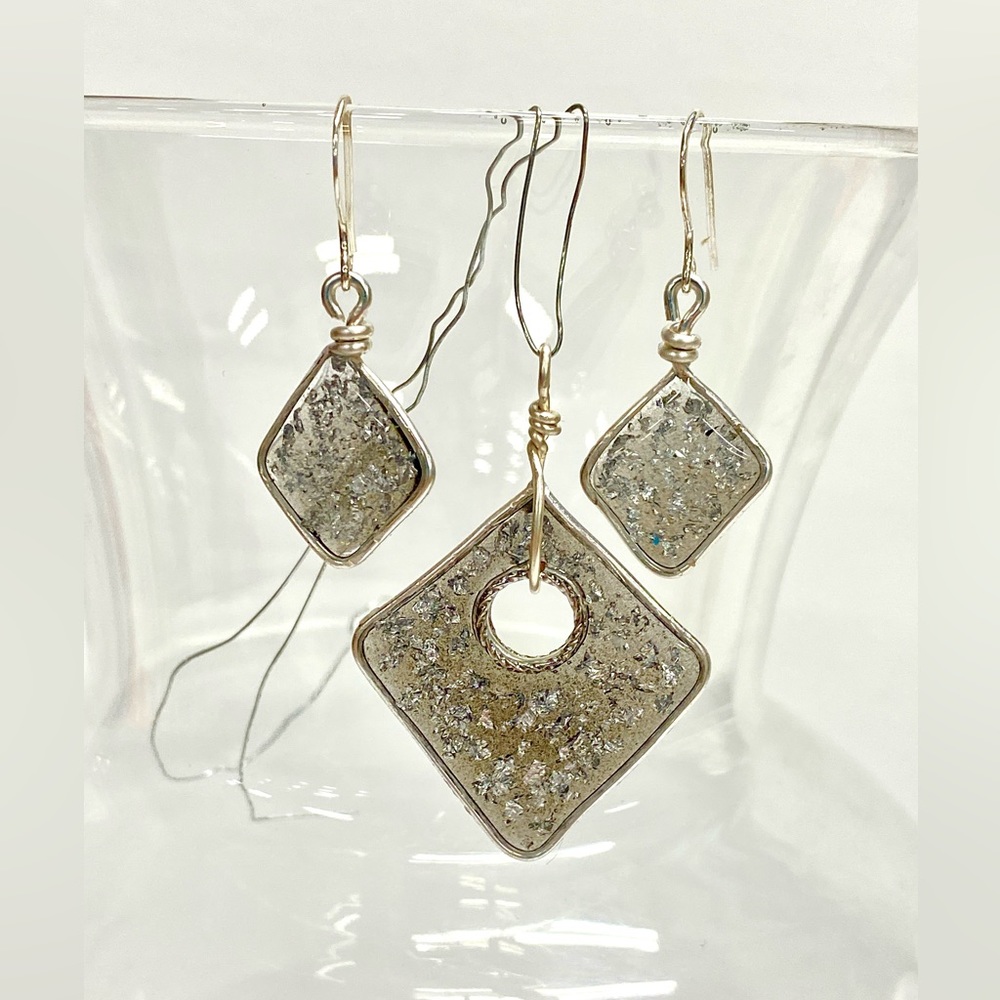 HANDMADE Silver Leaf Geometric Resin Art Jewelry Set